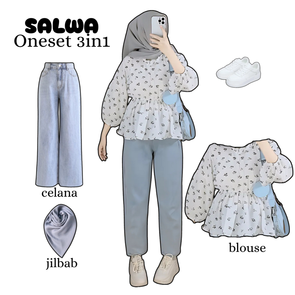 oneset 3in1 blouse flower korean celana jeans kulot highwaist jilbab bella | perempuan wanita cewek 