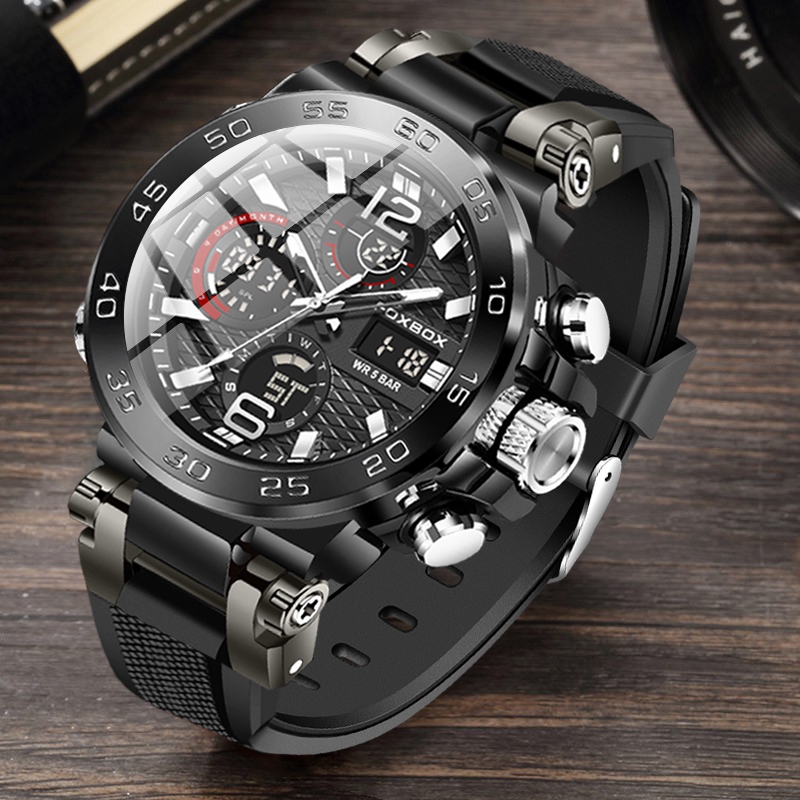 LIGE Jam Tangan Digital Bisnis Jam Tangan Penyelam Modis Asli Pria Jam Tangan Chronograph Militer Ta