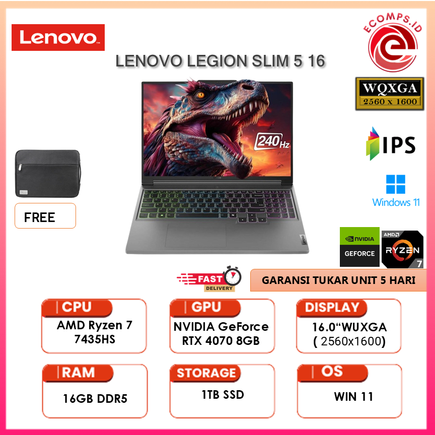 LENOVO LEGION SLIM 5 RTX4070 8GB Ryzen 7 7435HS  16GB 1TB Windows 11 + OFFICE 16" WQXGA 165Hz - BONU