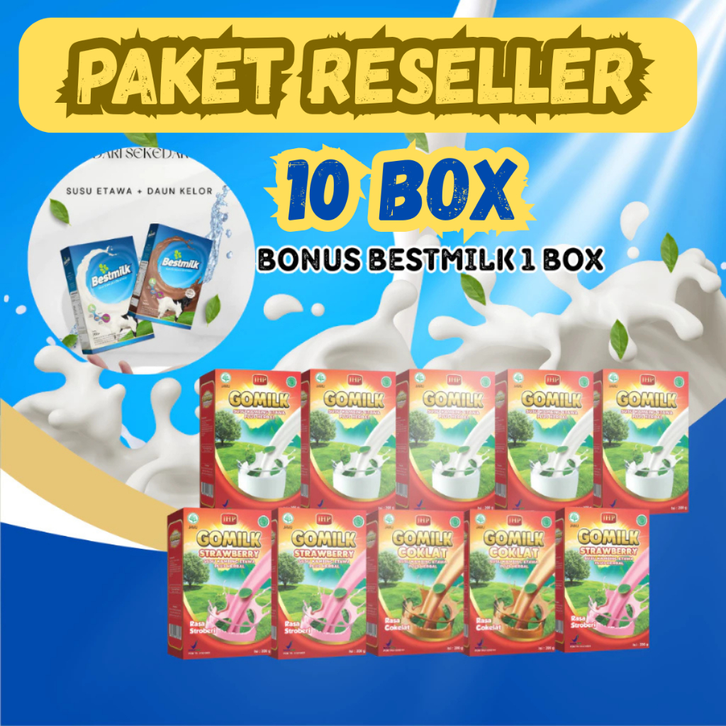 

(11 BOX) 1 !!! BELI 10 GOMILK BONUS 1 BOX BESTMILK- PAKET RESELLER 10 BOX GOMILK - Susu Kambing Etawa PLUS DAUN KELOR bariklana original 100%