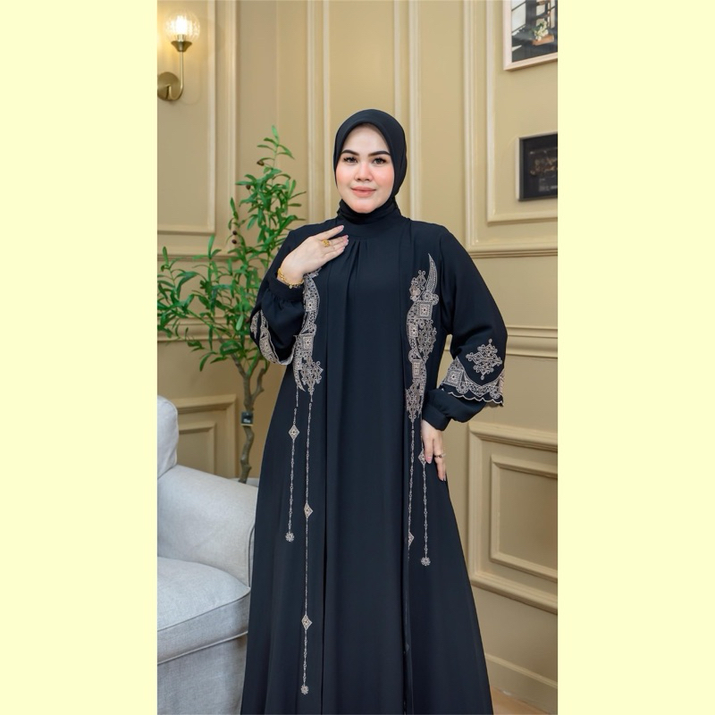 Abaya Cantik by Fataya - Gamis Outer Lepas Pasang 2 in 1 Hitam Motif Sabit, Bordir Benang Keemasan, 