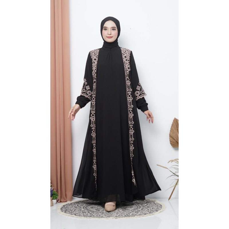 Abaya Cantik by Fataya - Gamis Outer Lepas Pasang 2 in 1 Hitam Motif Kotak, Bordir Benang Keemasan, 