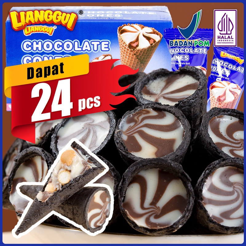 

Lianggui - Chocolate Cone 24pcs Halal Cemilan Coklat Tebal & Renyah Snack Viral untuk Kantor