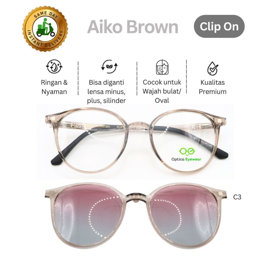 Promo Frame Kacamata CLIP ON AIKO BROWN C3 , Lensa minus, plus, silinder, progresif, kualitas optik 