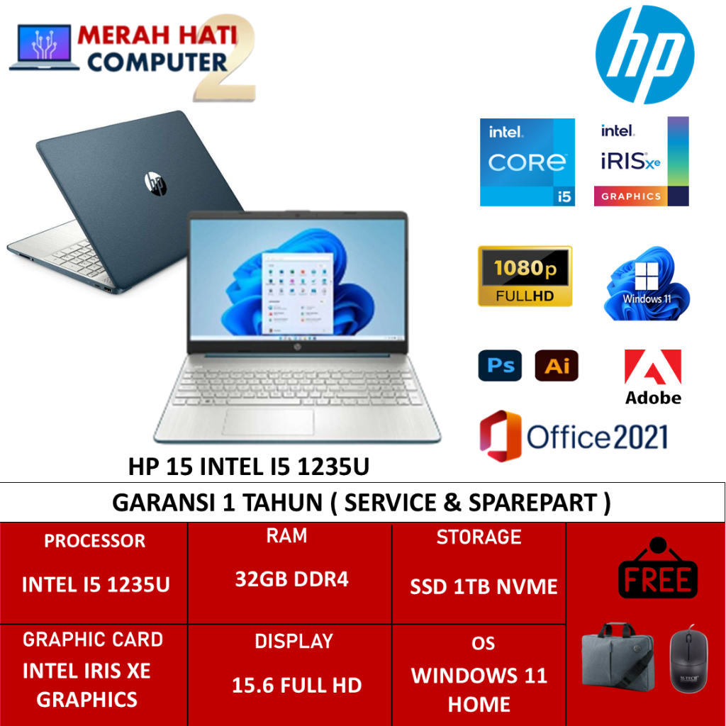 Laptop Hp 15s Intel Core i5 1235U Ram 32GB 1TB Ssd Intel Iris Xe 15 Inch FHD Windows 11 Home Ori