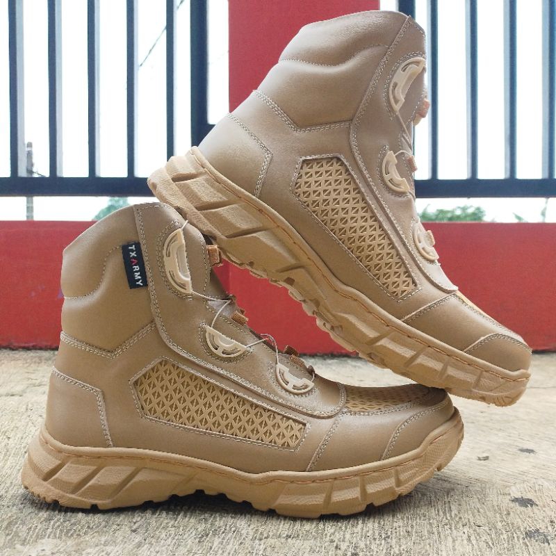 Sepatu PDL Tali Putar Warna Cream Gurun Kulit Sapi Asli Berkualitas Untuk Riding Touring Hiking Dina