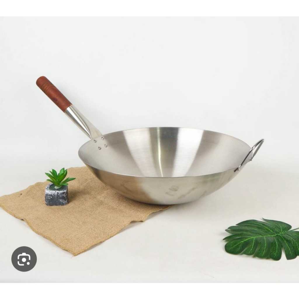 wajan stainless steel gagang kayu /kuali gagang stainless/wajan nasgor stainless gagang kayu/wajan s