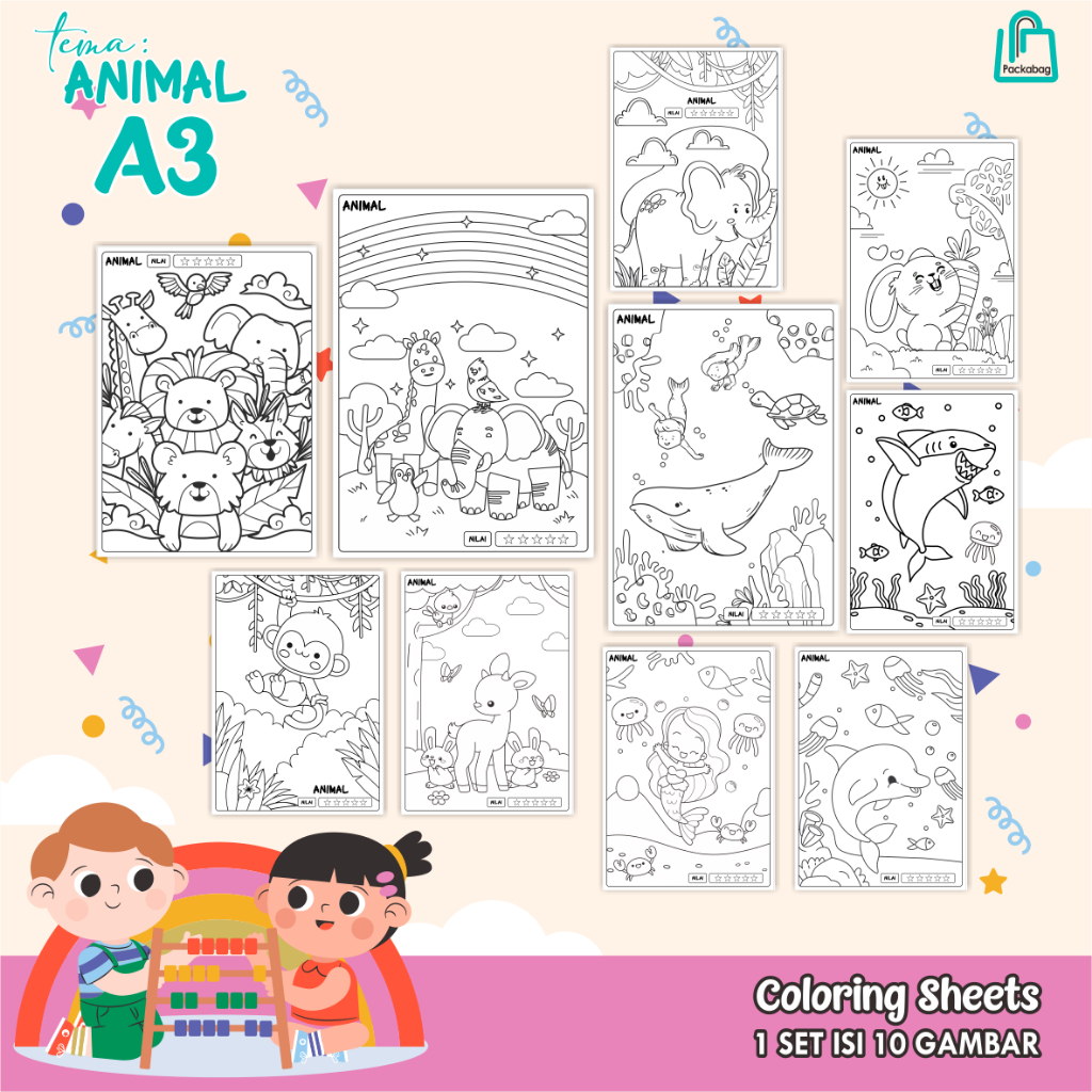 

KERTAS MEWARNAI ANAK – 10 LEMBAR UKURAN A3 – COLORING SHEETS ANIMAL EDUKATIF UNTUK PAUD/TK