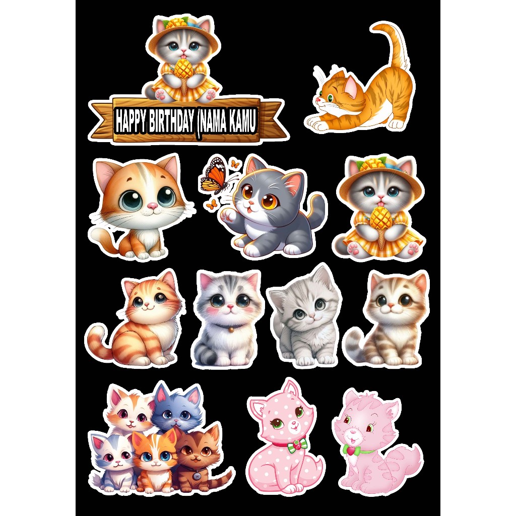 Topper Kue Ulang Tahun Karakter Lucu KUCING | Hiasan Kue Custom Nama