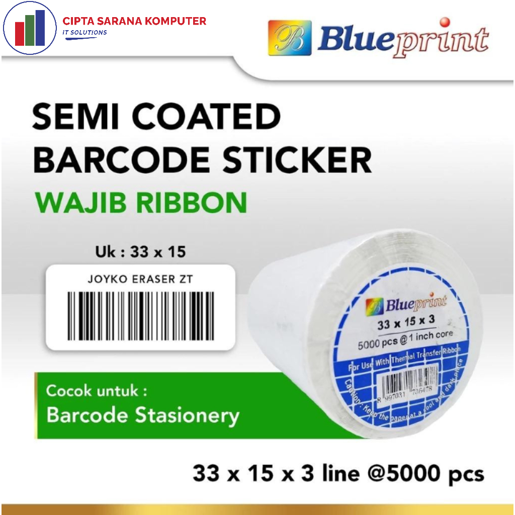 

Sticker Barcode Semicoated 33x15 mm 3 Line BLUEPRINT Stiker Label Semi Coated 33 x 15 x 3 Line - 1 Roll