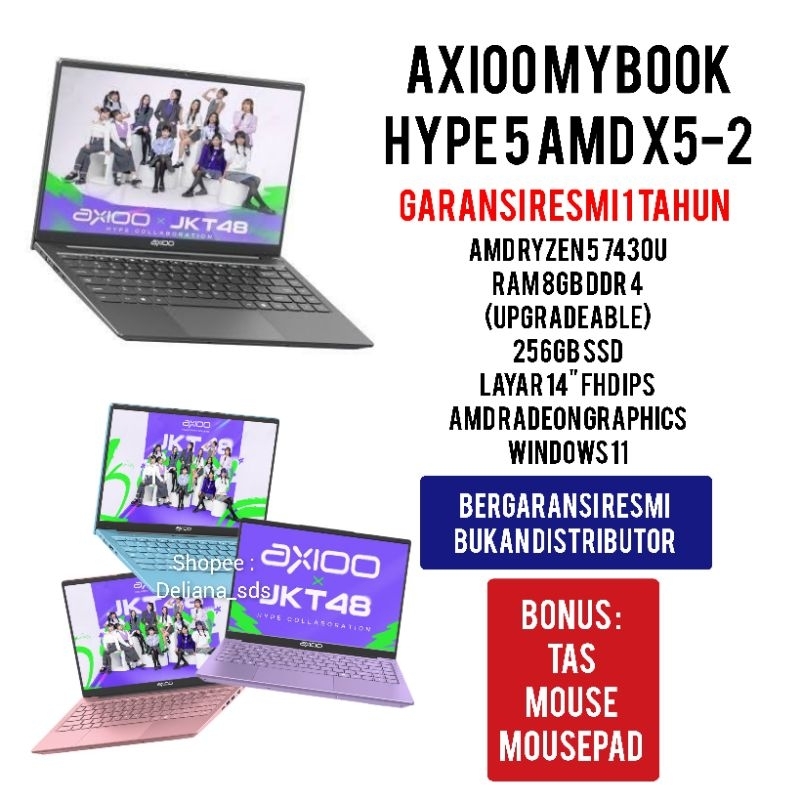 Laptop Axioo Mybook Hype 5 X5-2 Ryzen 5 7430HU 8GB/256GB SSD 14" FHD IPS Windows 11 Garansi Resmi 1 