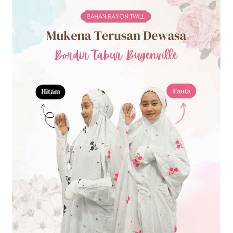 Mukena Rayon Twill Warna Putih Dewasa Terusan  Motif Bordir Tabur Seribu Bunga Bugenvil