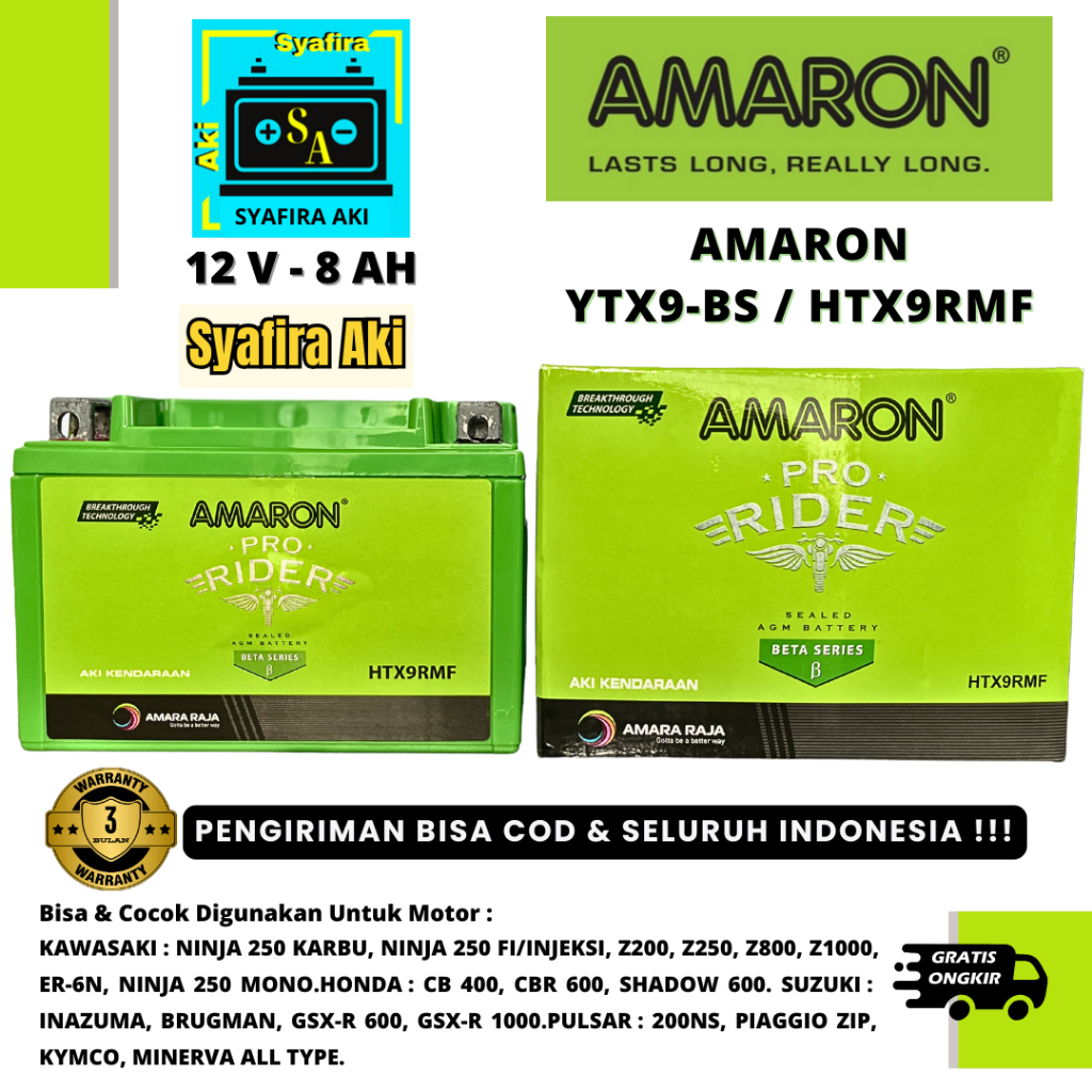 Aki Motor Piaggio Zip, Honda CB400 ETZ9R/YTX9A-BS AMARON AKI KERING 8Ah