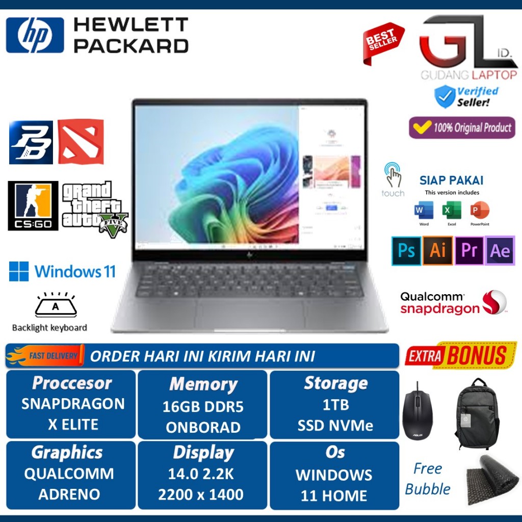 Laptop Ultrabook Hp Omnibook X 14 Snapdragon X Elite X1E78100 16GB 1TB Qualcomm Adreno 14 Inch 2.2K