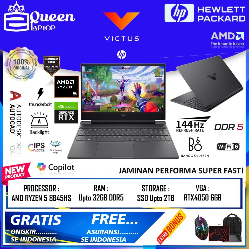 LAPTOP HP VICTUS 15 AMD RYZEN 5 8645HS DDR5 32GB 1TB SSD RTX4050 6GB FHD IPS 144HZ BL WIN11HOME