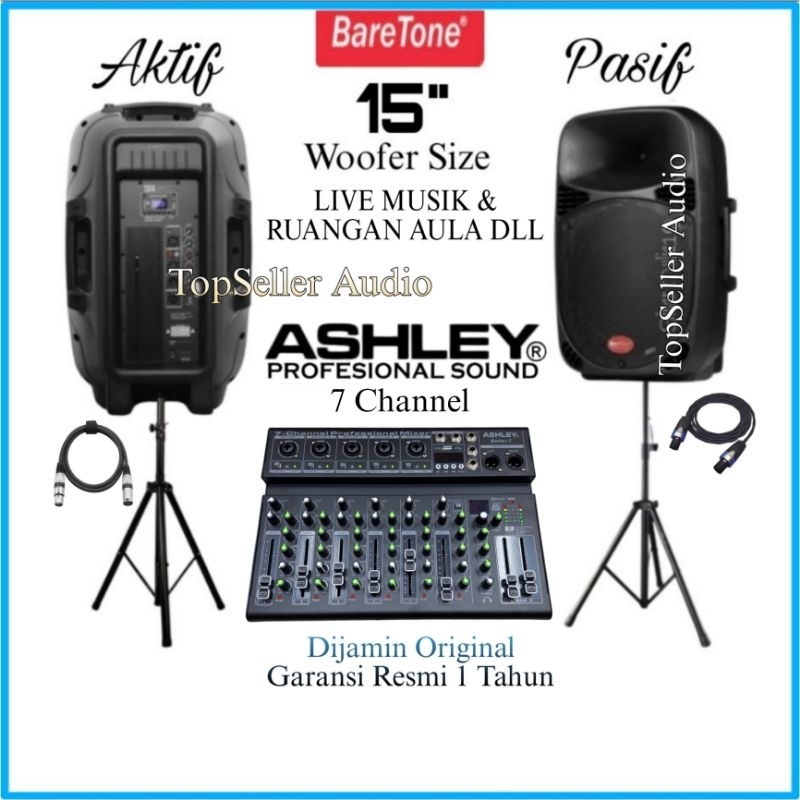 Paket Sound System BareTone 15 Inch Aktif & Pasif Karaoke / Ruangan  Outdoor Dll Original Mixer Ashl