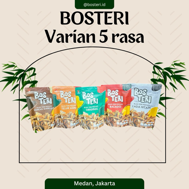 

BOS TERI Ikan Teri Medan Paket 5in1 dengan Rasa Original, Balado, Telur Asin, Lada Hitam dan Korean Barbeque