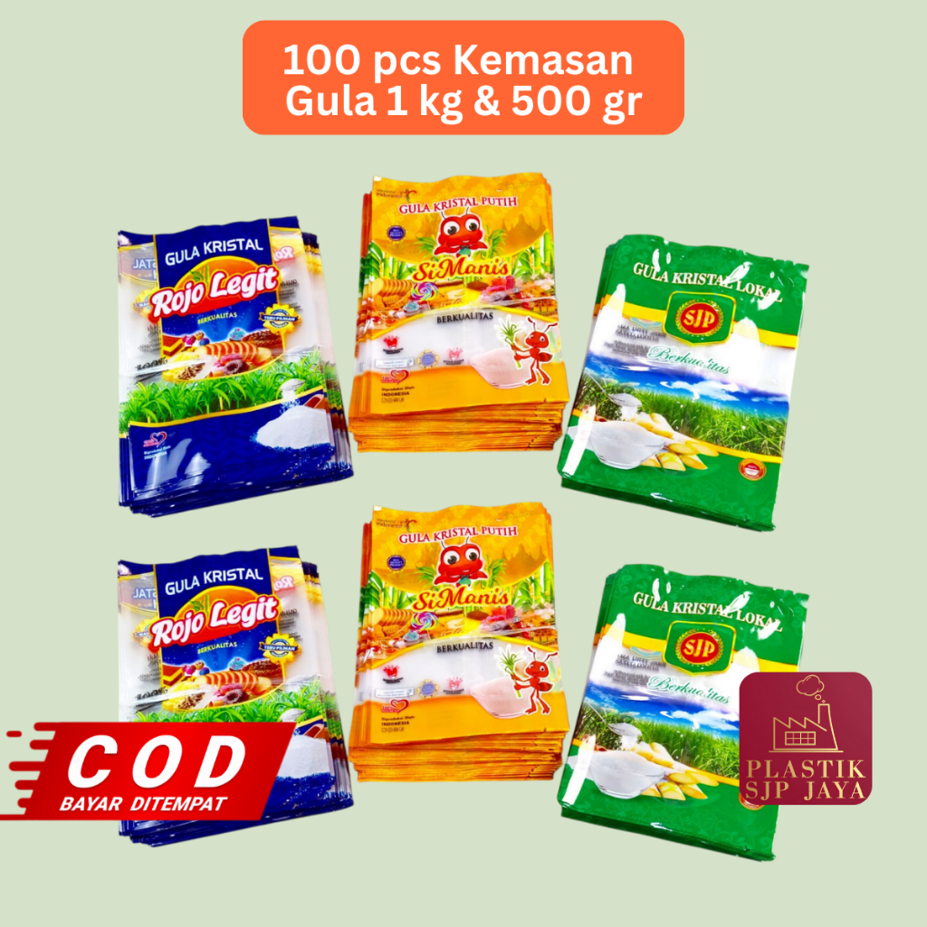 

SJP 100 pcs Kemasan Plastik Gula Si Manis / Rojo Legit / Kristal Putih 1kg dan 500 gr Laminasi