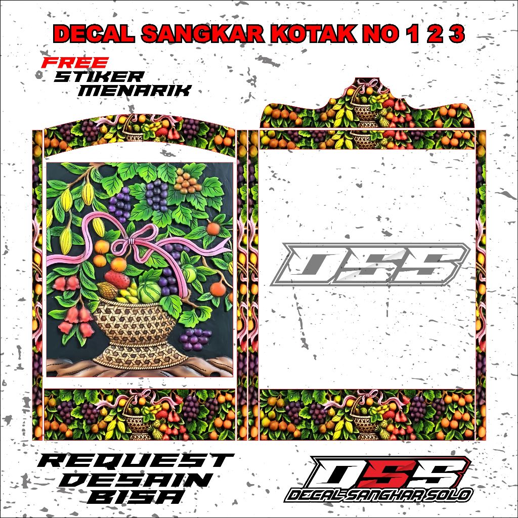 DECAL SANGKAR BURUNG KOTAK MOTIF UKIRAN BUAH NO 1 2 3