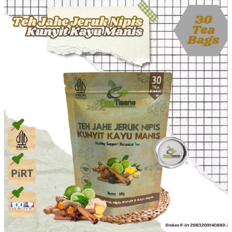 

RAW TISANE Teh Celup Jahe With Jeruk Nipis Kunyit & Kayu Manis | Teh Rimpang Isi 30 Tea Bag
