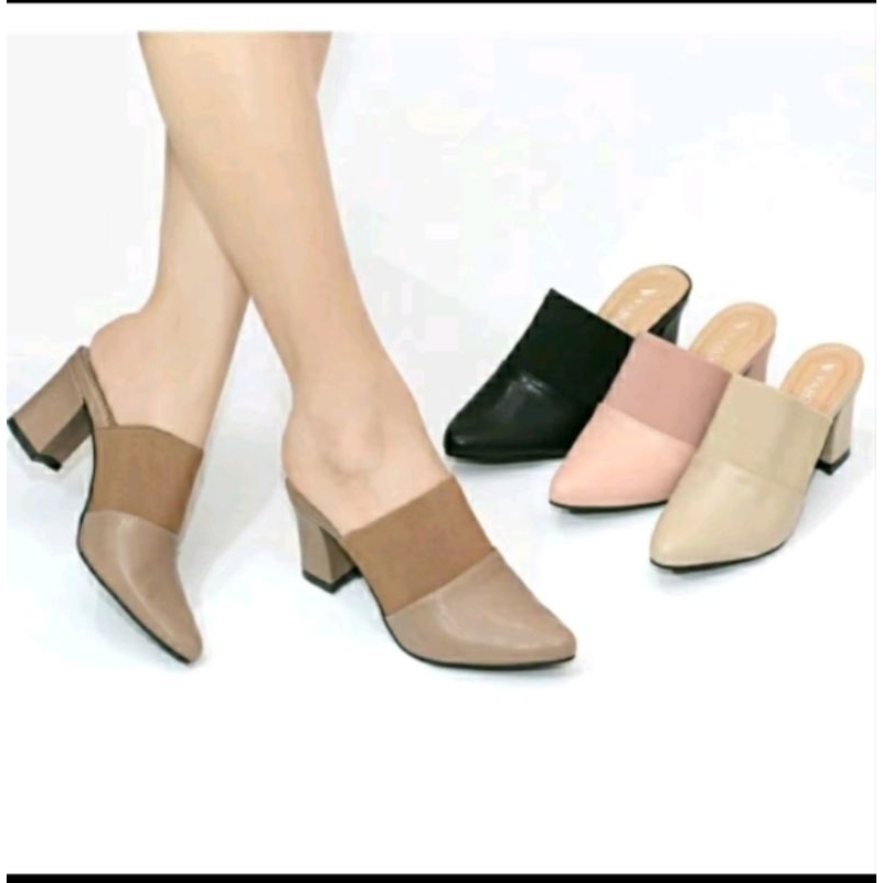Sepatu Sandal Bapau Karet Formal/Non Formal Heels 7cm Belakang Karet Wanita - Shoes