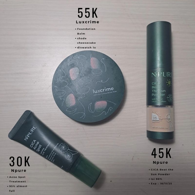 [preloved] luxcrime foundation balm, npure cica powder sunscreen, npure acnespot treatment