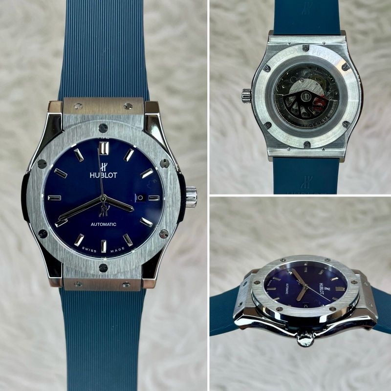 JAM TANGAN PRIA HUBLOT CLASSIC FUSHION BIRU SILVER AUTOMATIC JAPAN SUPER QUALITY DIAMETER 42MM