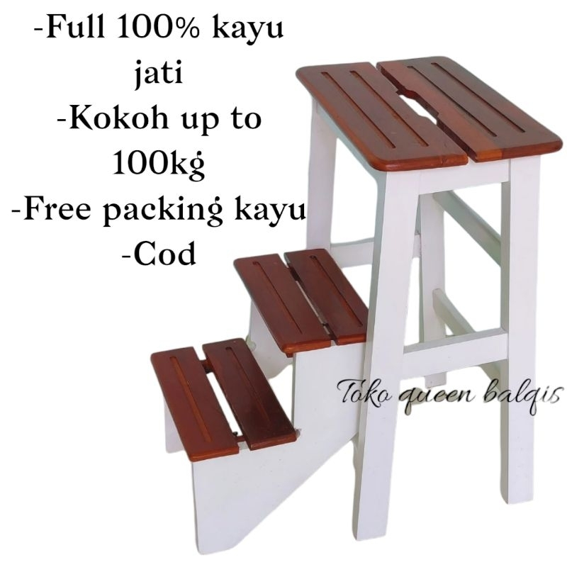 Kursi Lipat Portable Tangga Kecil Kayu Jati Perhutani Asli Tanpa Sandaran Finishing Halus