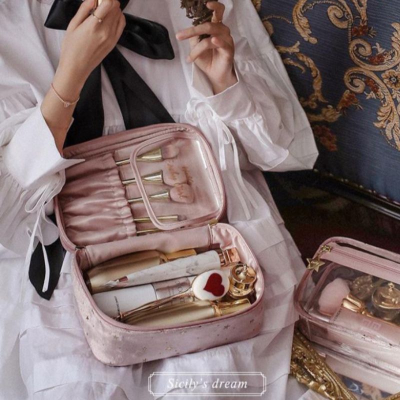 COSMETIC BAG POUCH MAKEUP AESTHETIC PINK AESTHETIC 2 IN 1 GIRLY PINK BAHAN BLUDRU