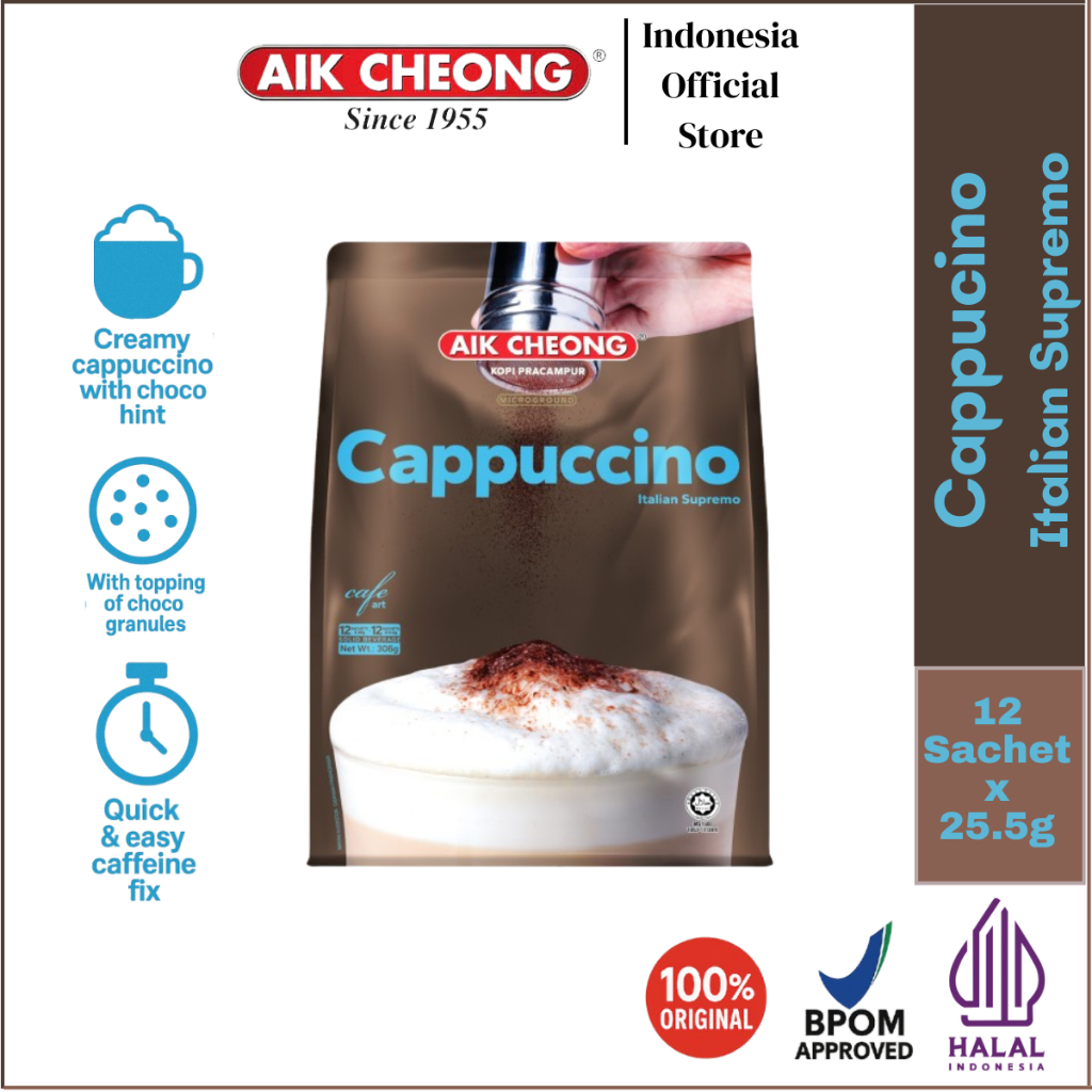 

Aik Cheong Cappucino Italian Supremo Coffee with Choco Granules Kopi Sachet Instant Otentik One Pack 12 sachet - 306 gr