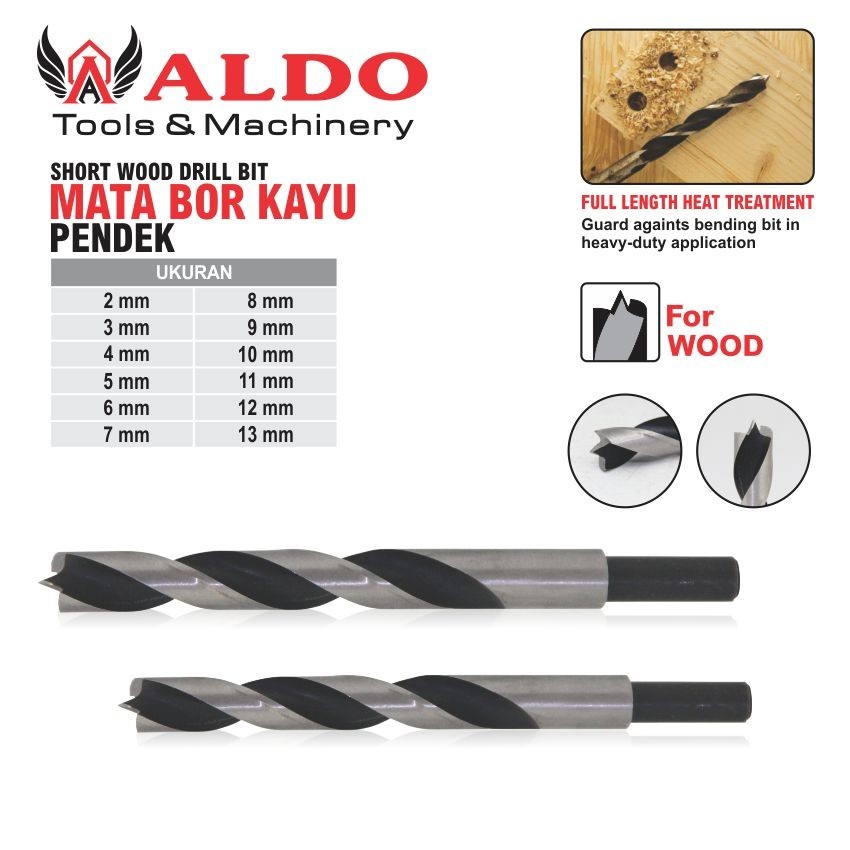 MATA BOR KAYU PENDEK / MATA BOR PELUBANG KAYU / SHORT WOOD DRILL BIT MERK ALDO