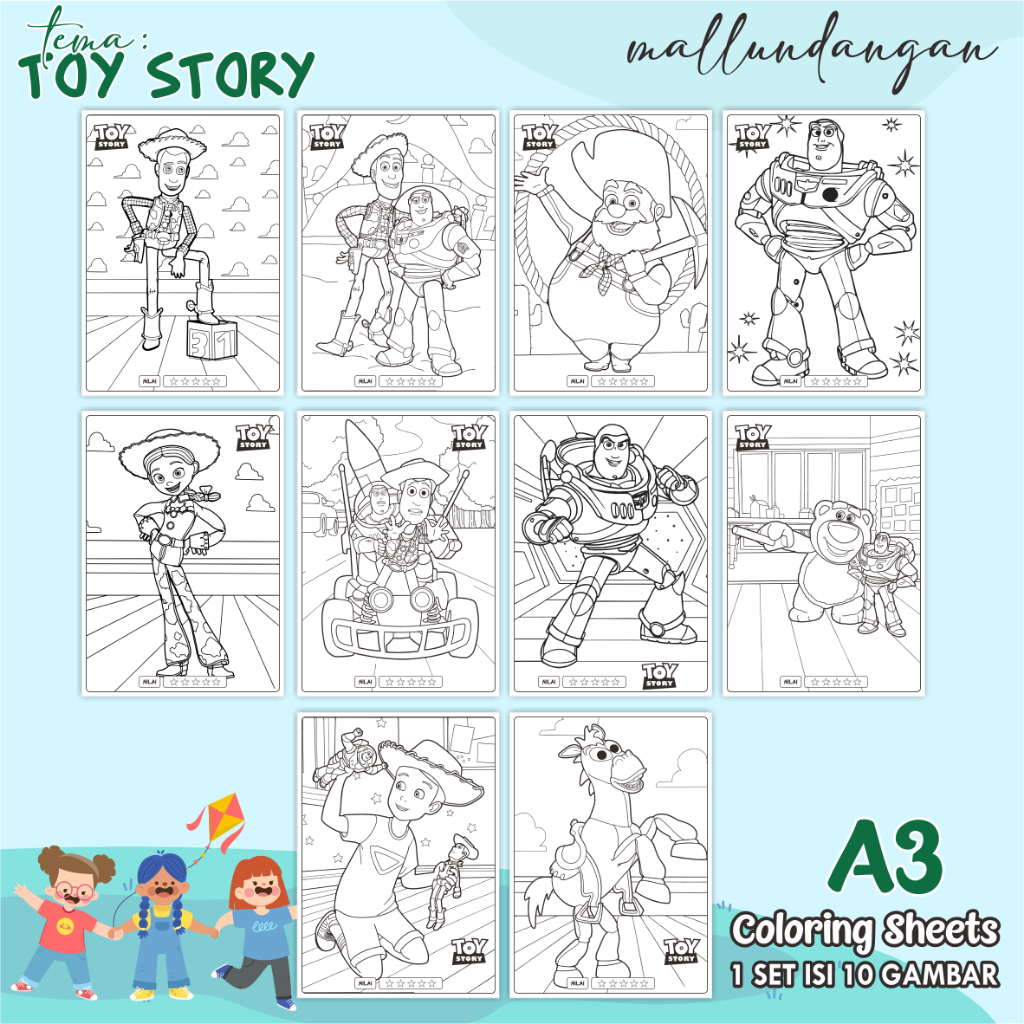 

LEMBARAN MEWARNAI ANAK A3 - TEMA TOY STORY - PAPER COLORING SHEETS FOR KIDS