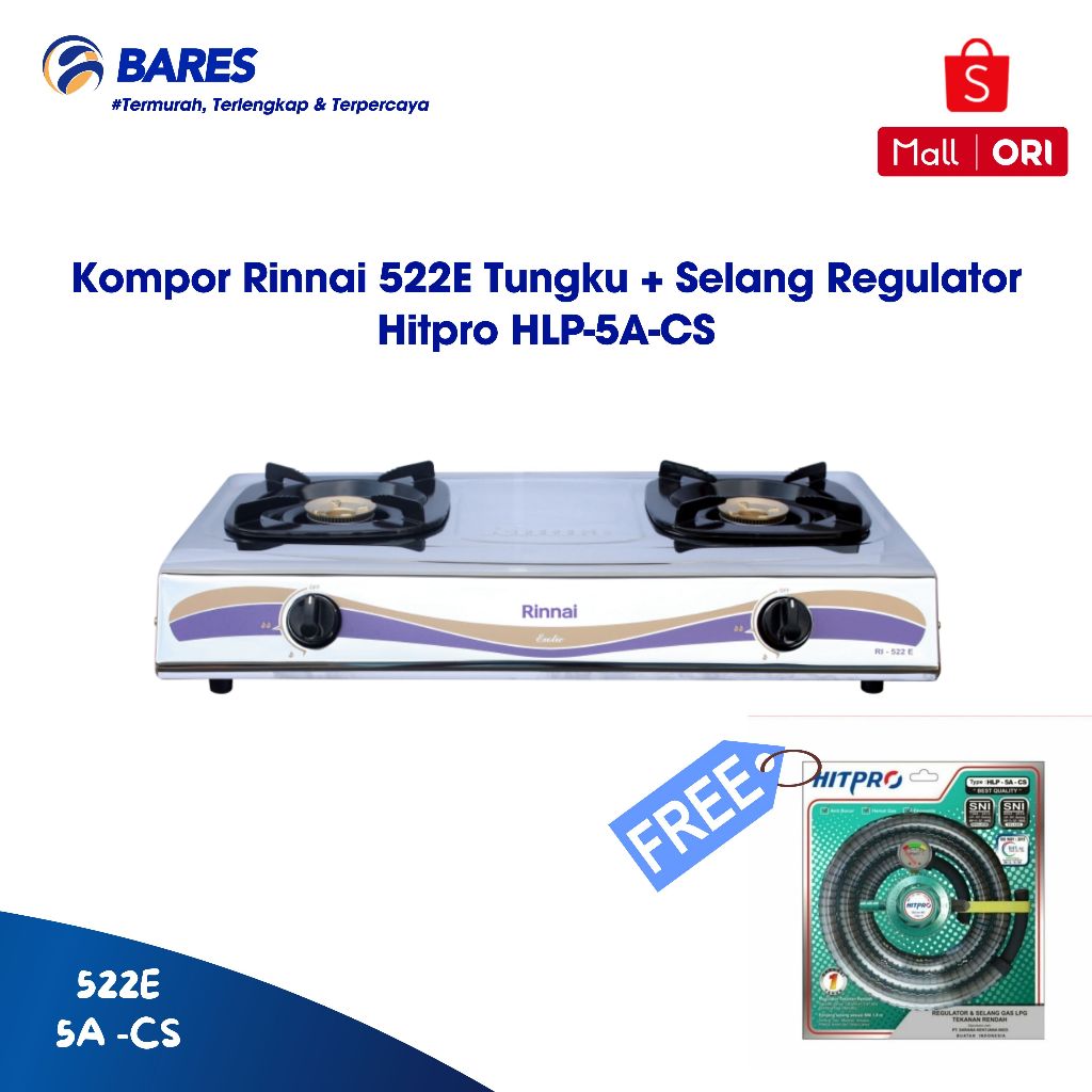 Rinnai RI 522 E Kompor Gas 2 Tungku / Kompor Gas Rinnai RI 522 E Free Selang Regulator Hitpro HLP-5A