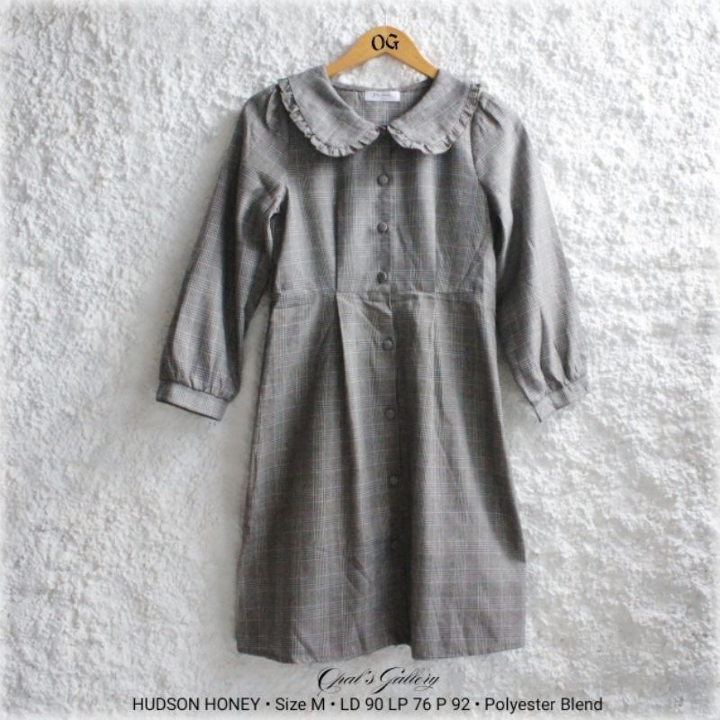 HUDSON HONEY • Premium Black Grey Houndstooth Sailor Collar Midi Dress Kerah Sailor Motif HS Lengan 