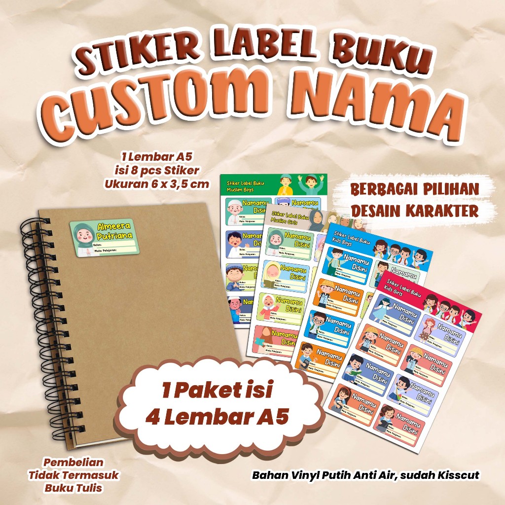 

STIKER LABEL BUKU CUSTOM NAMA - Stiker 1 Paket isi 4 Lembar - Stiker MaPel Buku Tulis Sekolah Anak Custom Nama - Kode LBK