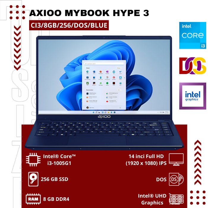 Axioo MyBook Hype 3 Notebook – Blue (Intel Core i3-1005G1 / 8GB / 256GB SSD / 14" FHD / DOS)