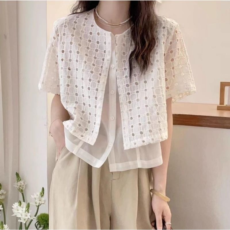 2979 Atasan baju blus blouse kemeja lengan pendek layer lapis bordir cantik mewah elegan import prem