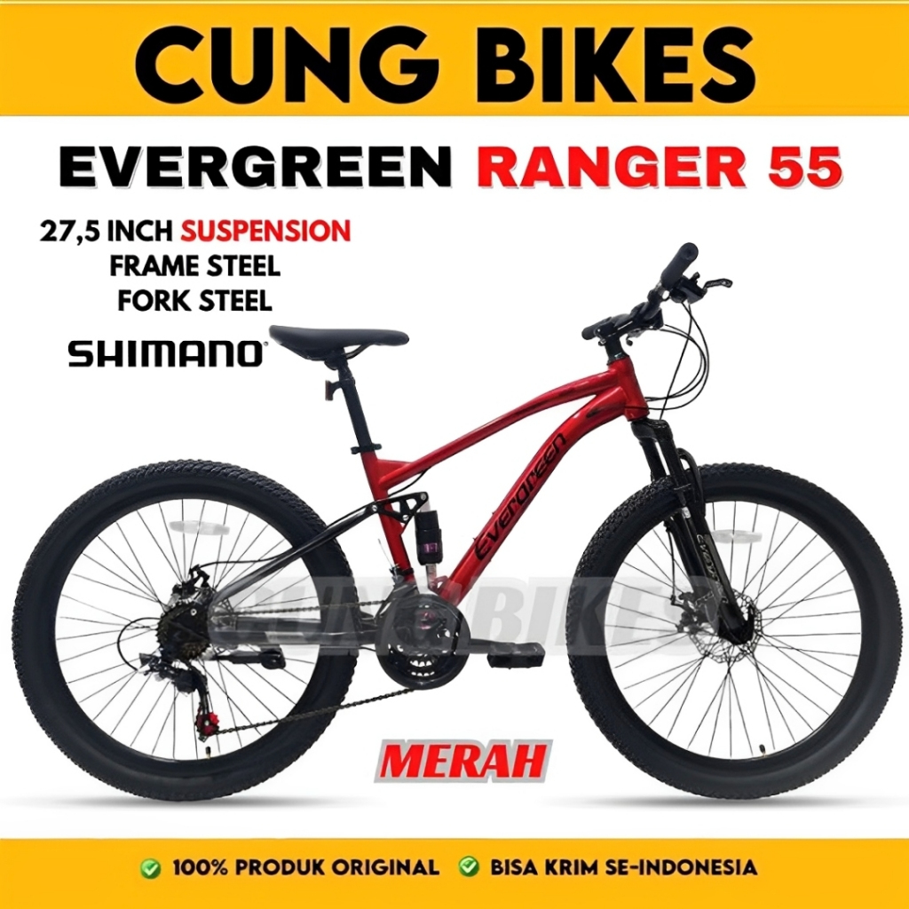 Sepeda Gunung Evergreen Ranger R55 R50 R35 Full Suspension Shifter 3 x 7 Speed Shimano MTB 26 27,5"