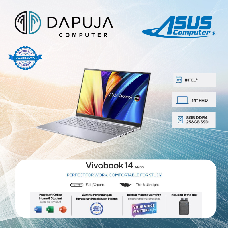 NB ASUS VIVOBOOK N4500 Memori 8GB HDD 256GB A1400KA-FHD423 (BLACK) / 424 (TRANSPARENT SILVER)