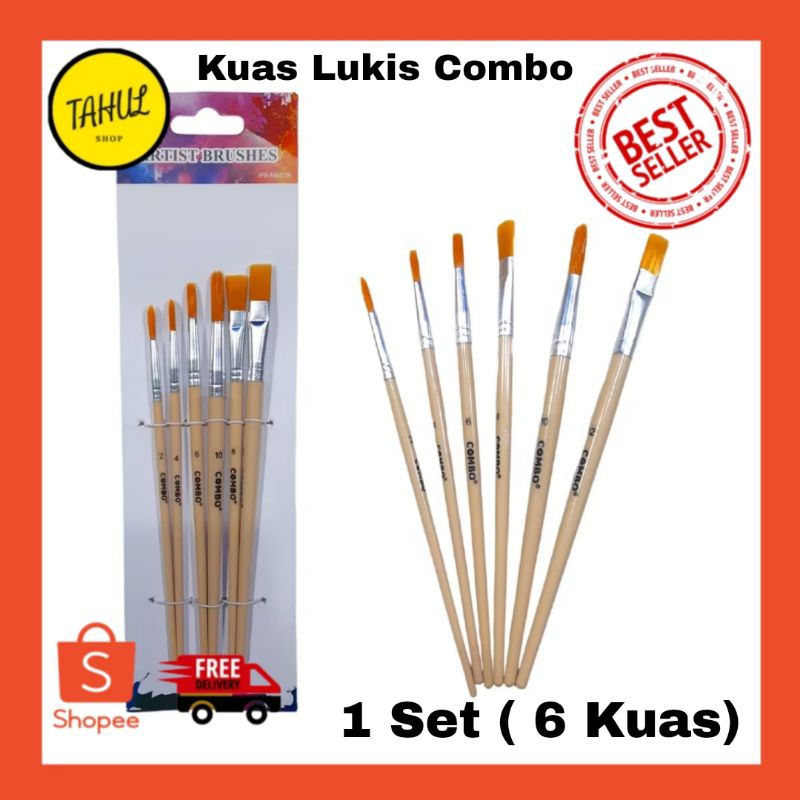 

1 Set!!! 6 pcs Kuas Lukis Combo Set Datar dan Oval / Artist Brushes Set Flat Round / Paint Brush 6 Ukuran