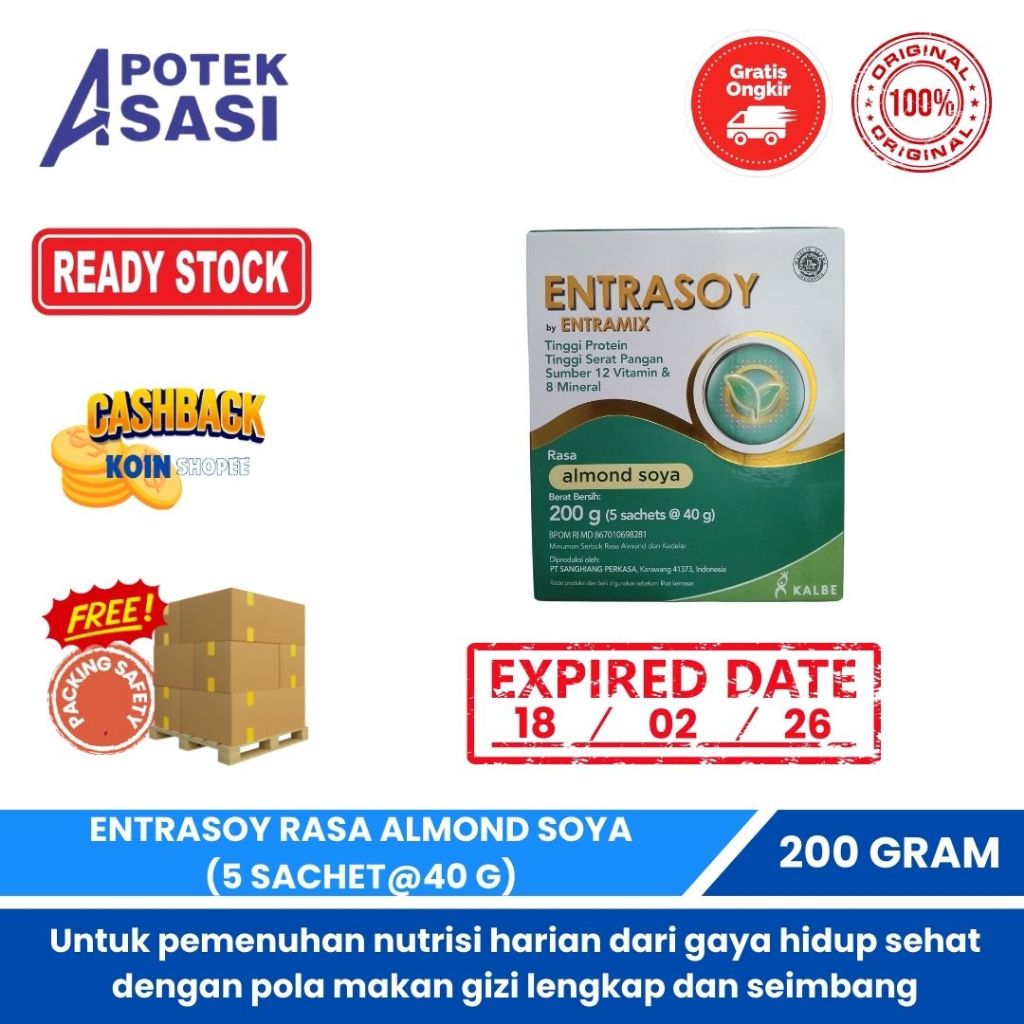 

ENTRASOY ALMOND SOYA BOX 200 GR 5 SACHET @40 GRAM- Susu Nutrisi Dewasa Tinggi Protein Serat