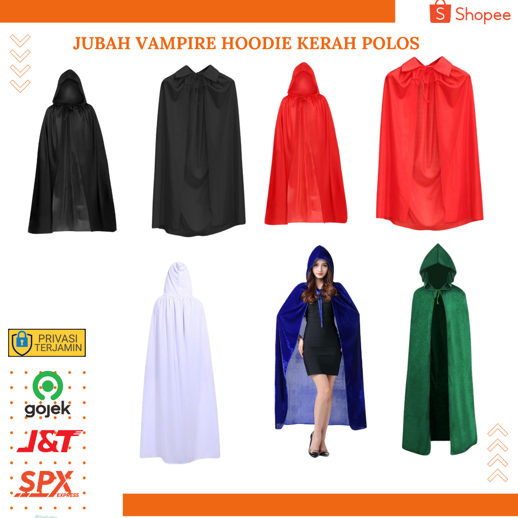 Jubah Vampire Halloween Polos Hoodie Kerah Hitam Merah Putih Biru Hijau
