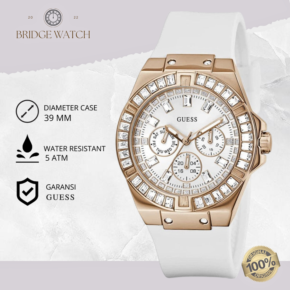 Jam Tangan Wanita Guess GW0118L4 Venus Original Chronograph Rose Gold Case White Rubber Strap Putih 