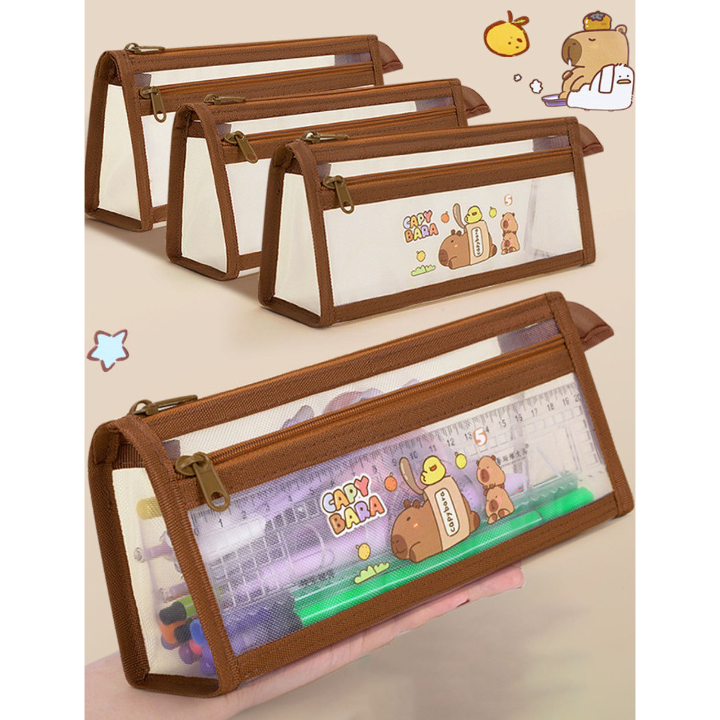 

ENNWEN TP90 Pouch Tempat Pensil Jaring Transparan Capybara Double Layer Large Capacity Zipper Pencil Case Cosmetic Bag