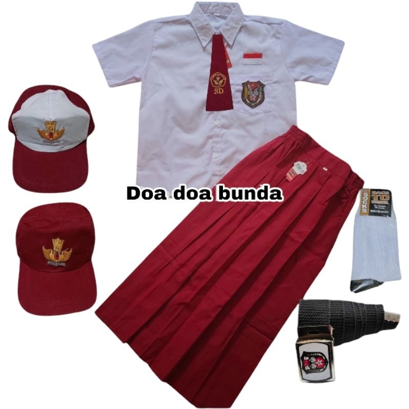 Setelan Seragam Sekolah SD Merah Putih Anak Perempuan Baju Putih SD Lengan Pendek Dan Rok Merah Panj