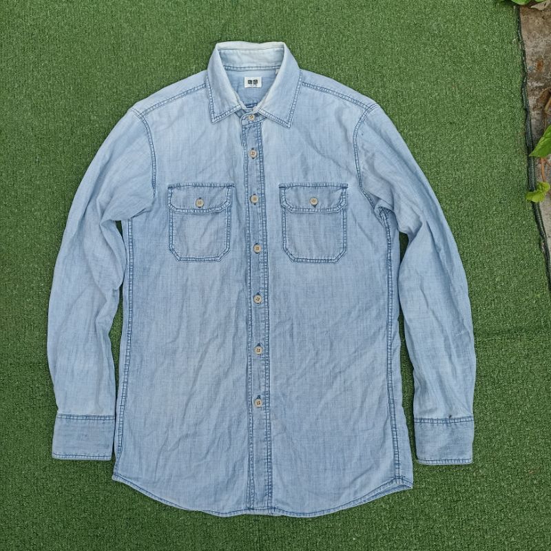 Uniqlo Chambray Denim Shirt Light Blue Kemeja Jeans