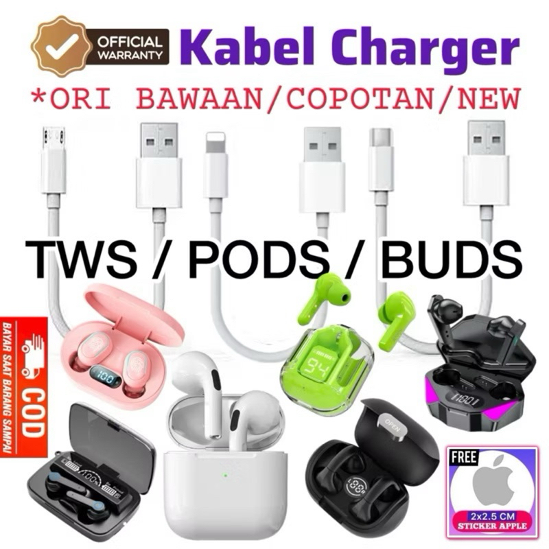 [COD] (Free: Sticker) ORIGINAL Kabel Charger TWS Pods Buds White 20CM Model Lightning / Type C / Mic