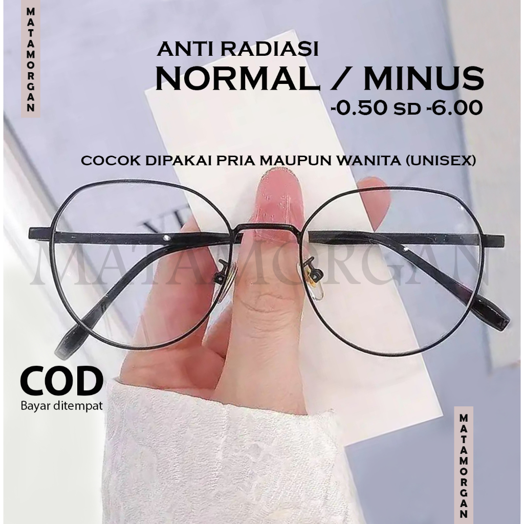 Kacamata Normal dan Minus Anti Radiasi Lensa Rabun Jauh Frame Retro Gagang Besi Stainless Steal Unis