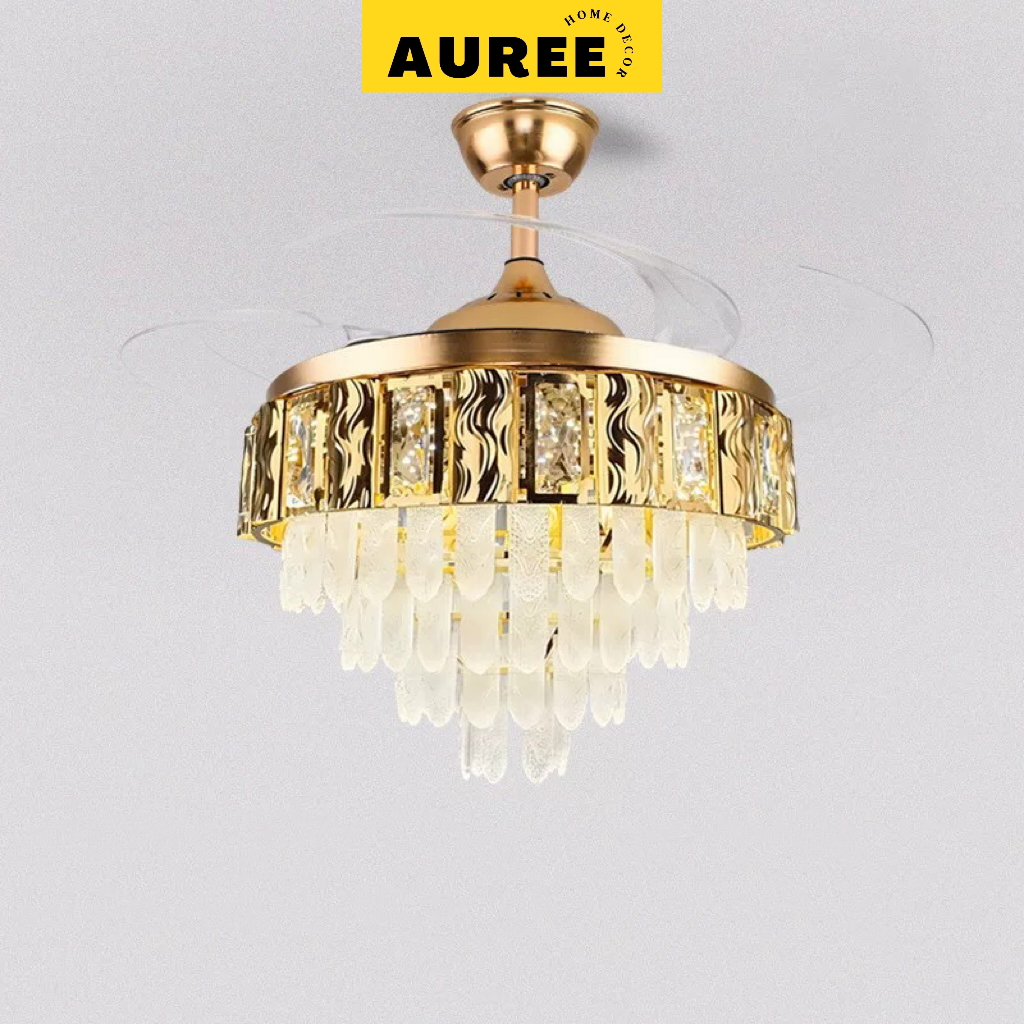 AUREE Lampu Gantung Kipas tal Kaca LED 3 Warna Modern Minimalis Lampu Hias Ruang Tamu Kamar Tidur