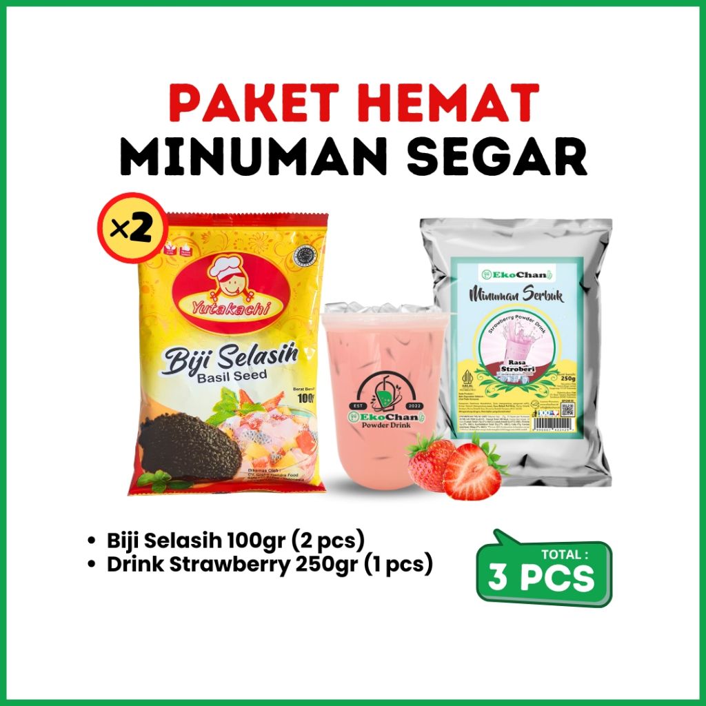 

Paket Bubuk Minumna ( Biji Selasih 100gr 2 - Bubuk Minuman Strawberry 250gr 1)